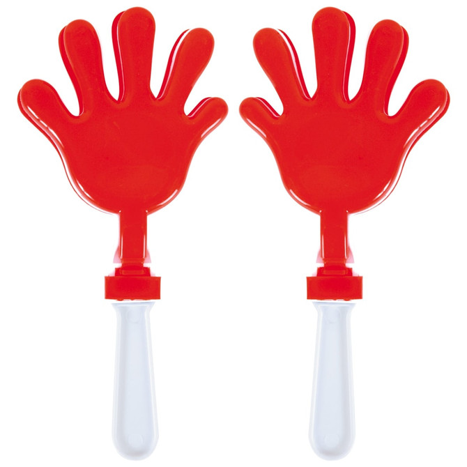 A pair of colorful red hand-shaped clappers with transparent handles.