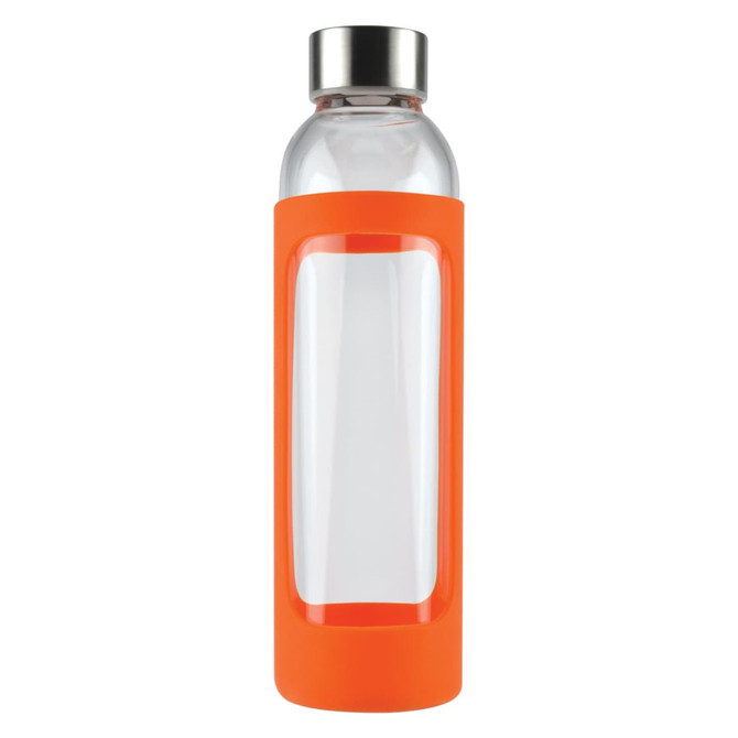 A drink bottle with a clear glass body and an orange silicone sleeve. Features a metal lid and a branding logo.