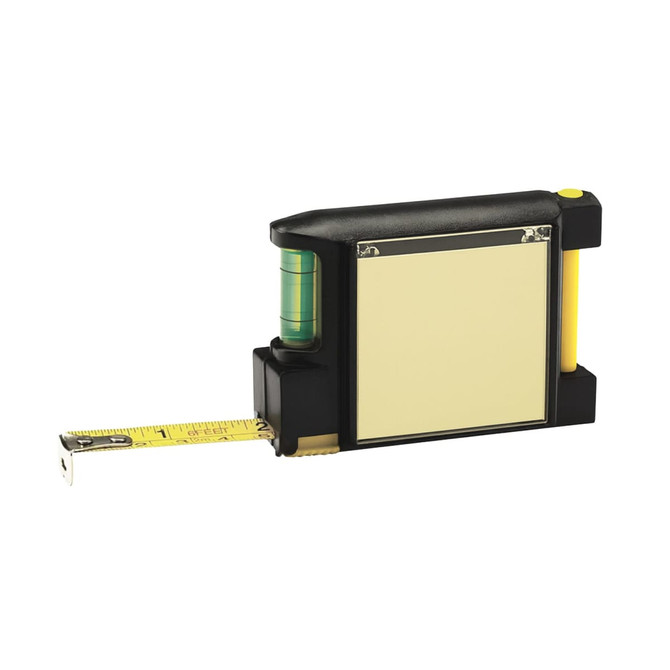 A yellow and black contractor tape measure with a built-in spirit level and retractable measuring tape.