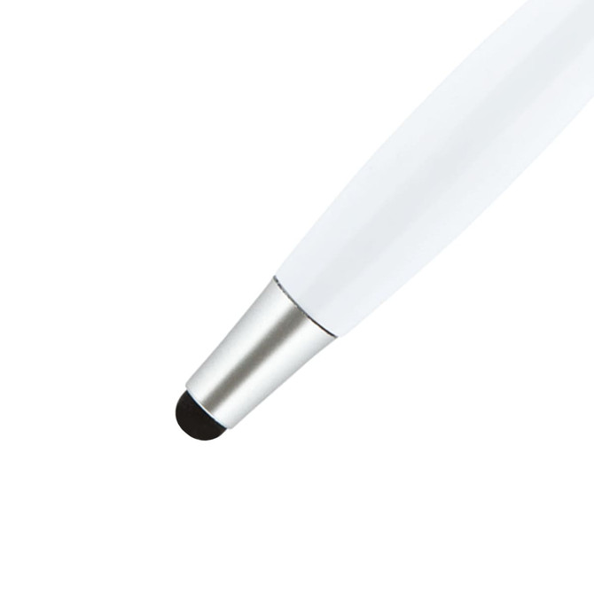 A white stylus pen with a silver tip, featuring a rounded end for touchscreen use. It has a simple logo detail.