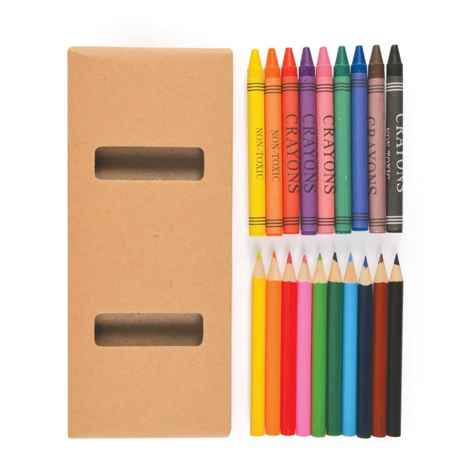 A pencil and crayon set featuring vibrant colors, including red, yellow, blue, and purple, in a cardboard box.