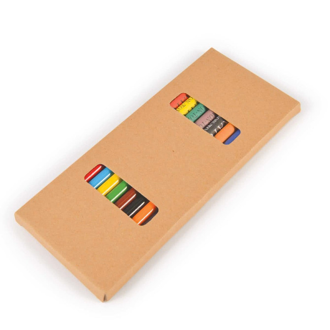 A set of coloured pencils and crayons in a brown cardboard box with display windows showing the vibrant colors.