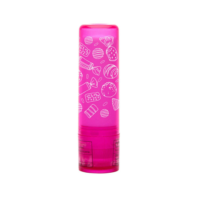 A lip balm stick in a vibrant pink tube featuring white illustrations of various candies and desserts.