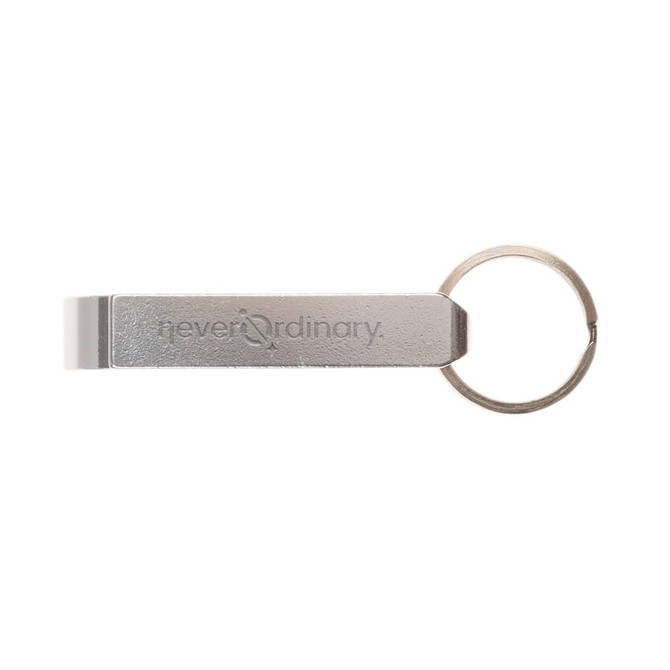 A silver bottle opener keyring featuring a circular keyring attachment and a logo on the side.