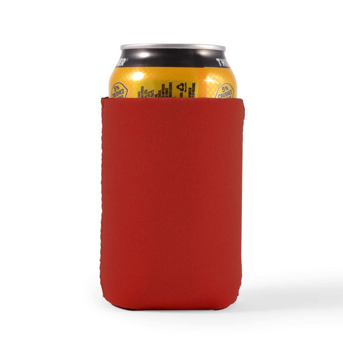 A drink can is snugly fitted inside a vibrant red stubby cooler, designed to keep beverages cold.