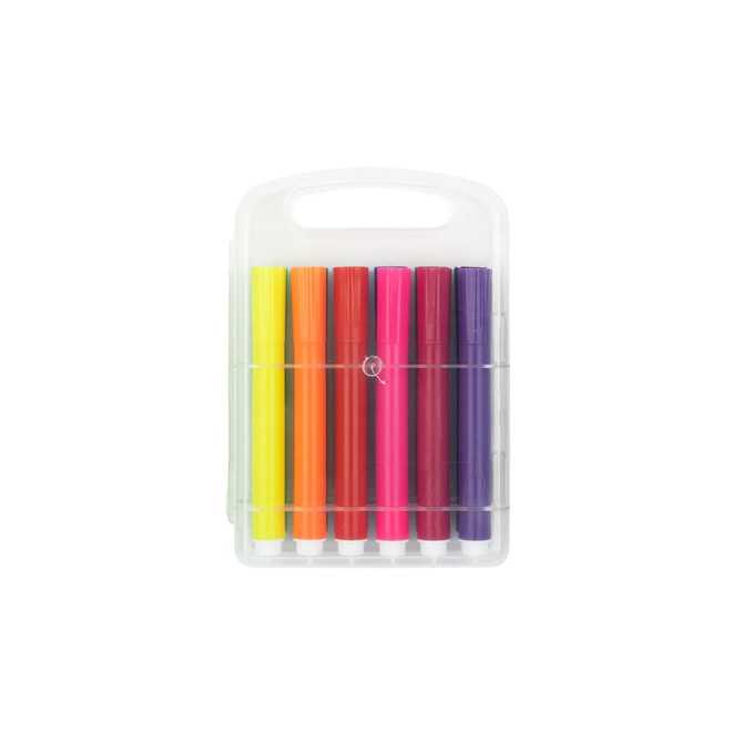 A set of felt tip pens in various colours, including yellow, orange, red, pink, purple, and a carrying case.