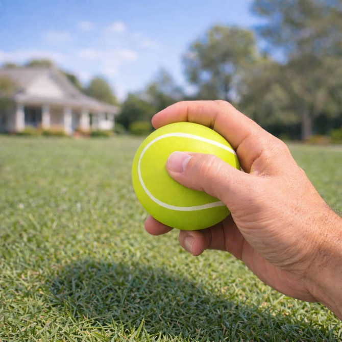 A green tennis ball is held in a hand above a grassy surface, with a house in the background.