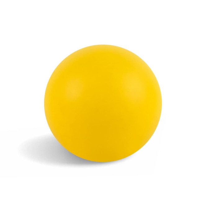A yellow rubber ball with a smooth surface, featuring a round shape and a slight shadow.