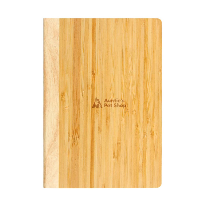 A Bamboo Notebook with a natural wood finish, featuring a logo that reads "Auntie's Pet Shop."