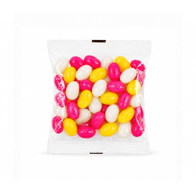 A clear cello bag filled with pink, yellow, and white jelly beans, showcasing a variety of vibrant colours.