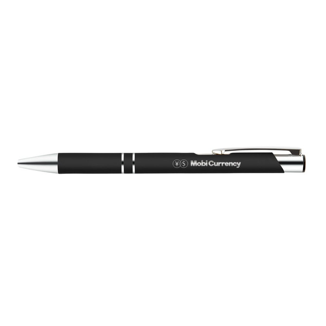 A sleek black metal pen with silver accents, featuring the engraving "MobiCurrency" on the barrel.