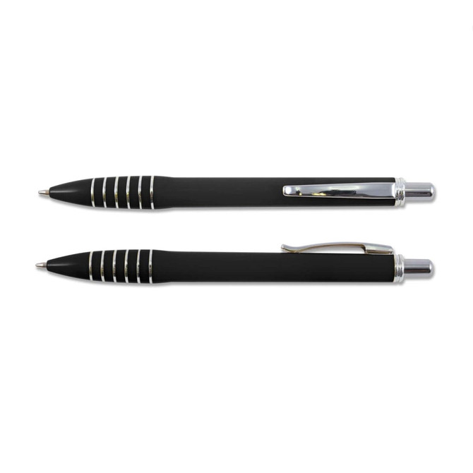 A set of black plastic pens with silver accents and a shiny clip, featuring a sleek design.