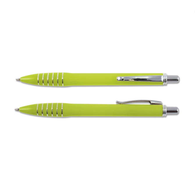 A green plastic pen with silver accents and grip. It features a clip and has a sleek design.