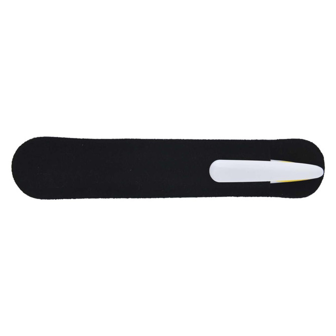 A black pen with a white tip and a logo, designed for writing purposes.