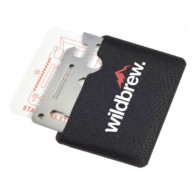 A Bionic Multi Tool in a black pouch, featuring a metal tool and displaying a logo.