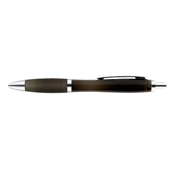 A transparent plastic pen with a sleek design and silver accents.