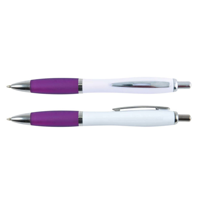Two plastic pens with a white barrel and purple grip, featuring silver accents. One pen has a clip.
