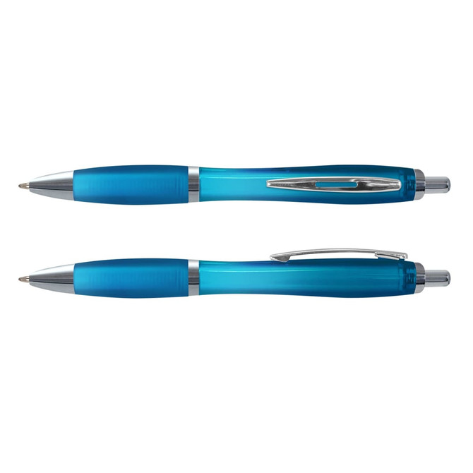 A translucent blue pen featuring silver accents, displayed in a top and side view, with a logo on the barrel.
