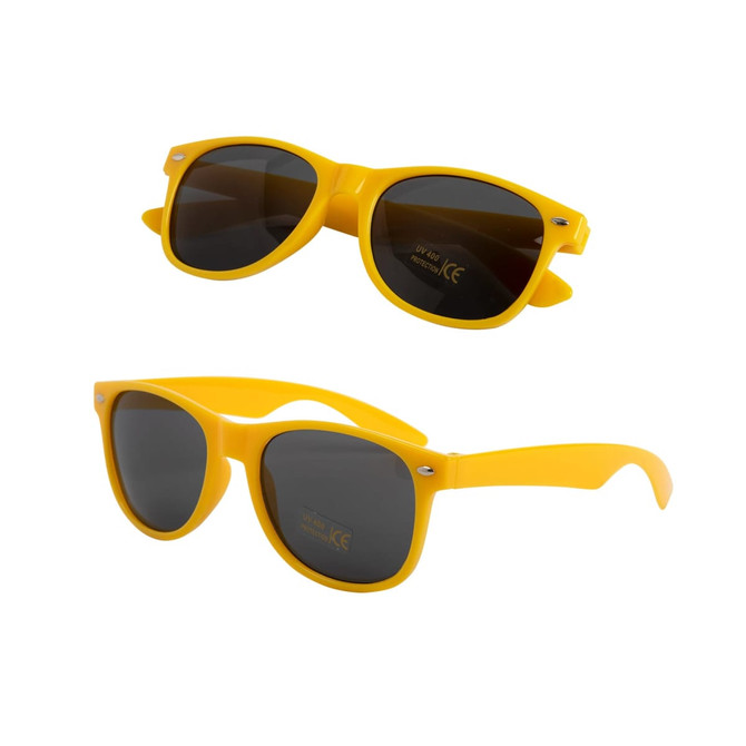 A pair of yellow sunglasses with dark lenses and a logo on the side.