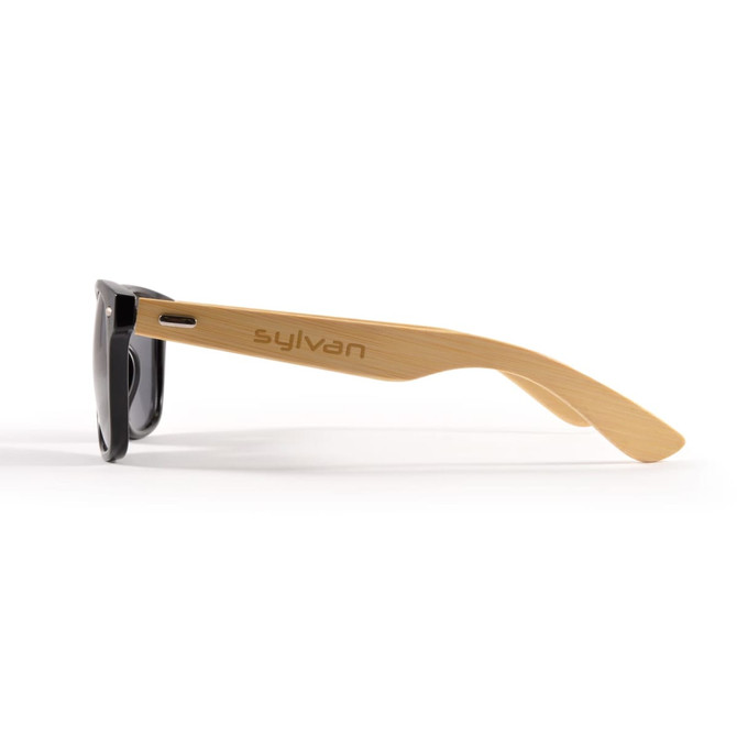 Bamboo sunglasses featuring a stylish black front and natural bamboo arms, with a logo on the arm.