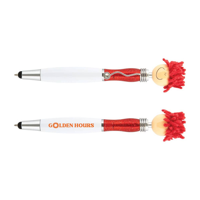 A stylus pen featuring a white barrel, red glittery top, and a playful design with a fuzzy, curly attachment.