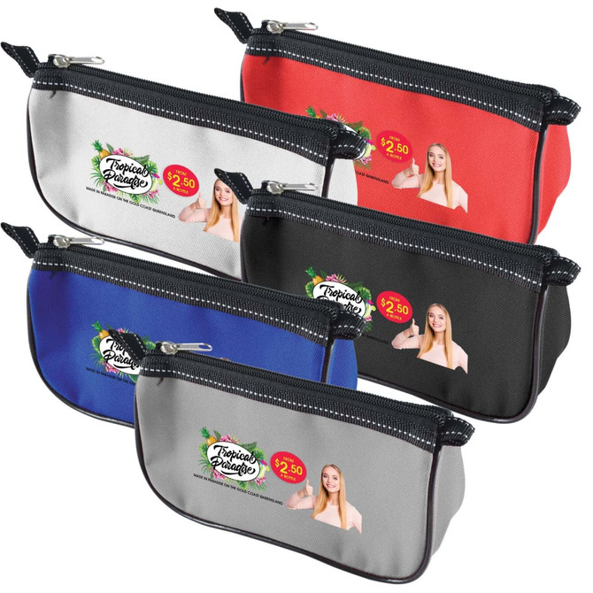 A collection of five pencil cases in red, blue, gray, black, and a patterned design, each featuring a logo.