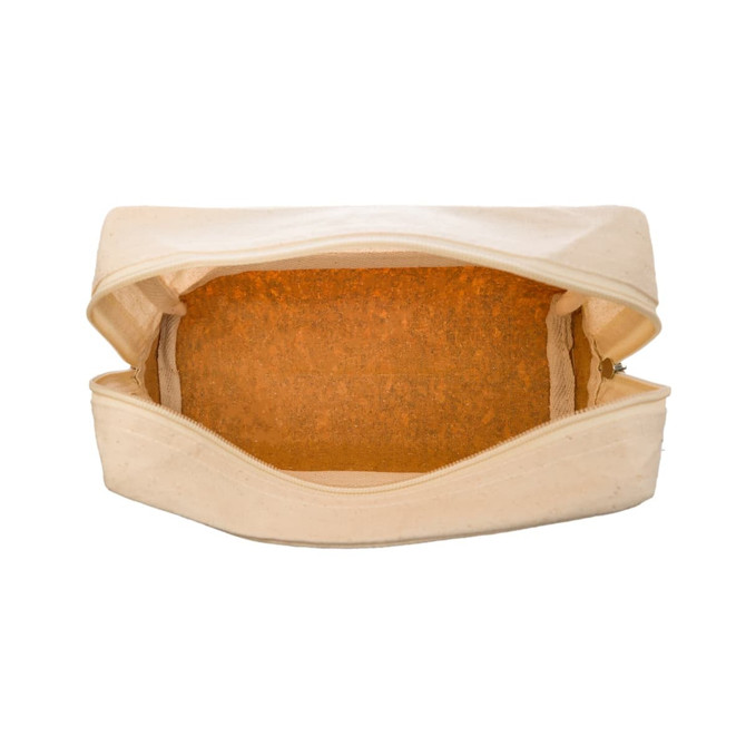 A utility case featuring a beige exterior and a cork interior, with a zip closure. Includes a logo on the outside.