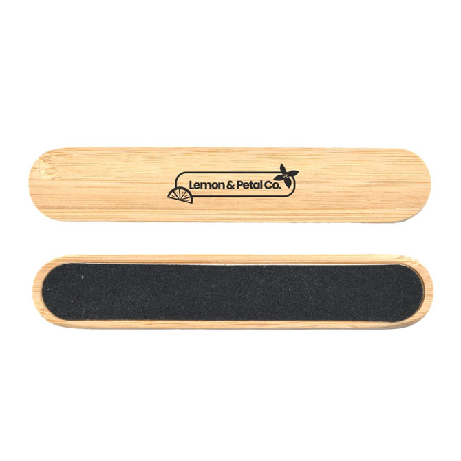 A bamboo nail file with a smooth surface and a dark grit side, featuring a branding logo.