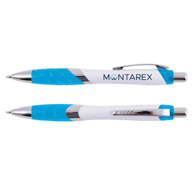 A plastic pen in white and blue with chrome accents and a clip, featuring a logo.