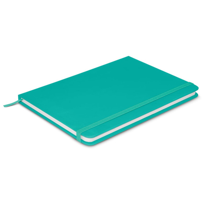 A turquoise notebook with a smooth cover, elastic closure, and white pages. It features a logo on the front.