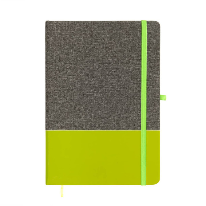 A grey and neon green A5 notebook with a textured cover, featuring an elastic band and a bookmark ribbon.