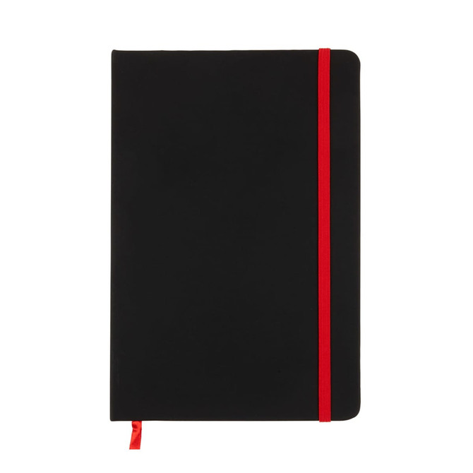 A black A5 notebook with a red elastic band closure. The notebook features a smooth surface and a ribbon marker.