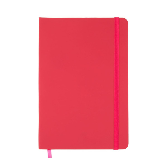 A Venture A5 Notebook featuring a sleek red cover with a coordinating pink elastic band.