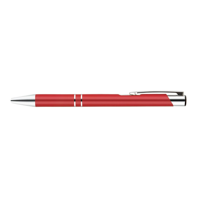 A red metal pen with a sleek design and silver accents, featuring two subtle stripes.