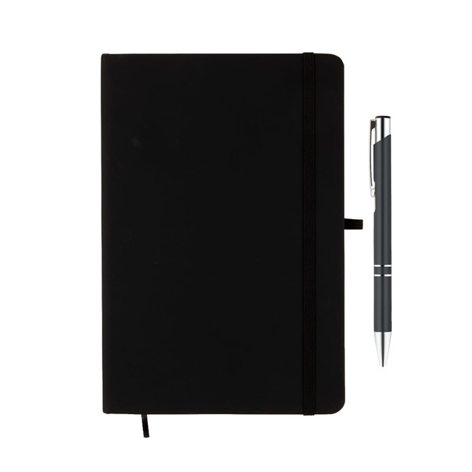 A black notebook with a pen beside it, featuring a logo on the cover. The notebook has an elastic band closure.