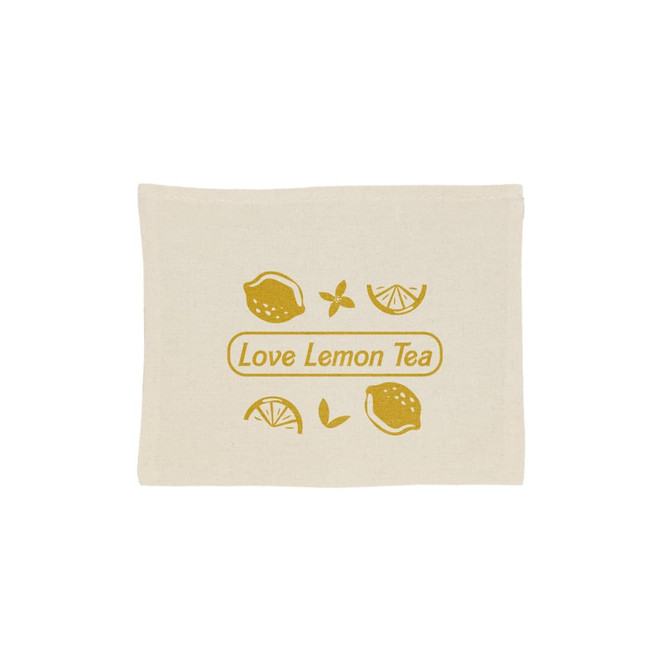 A beige tote bag with a graphic design featuring lemons and the text "Love Lemon Tea" in yellow.