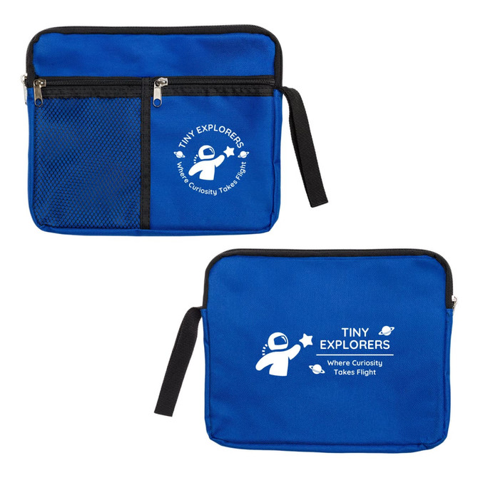 A blue utility pouch featuring a mesh pocket, two zippers, and a logo on both sides.