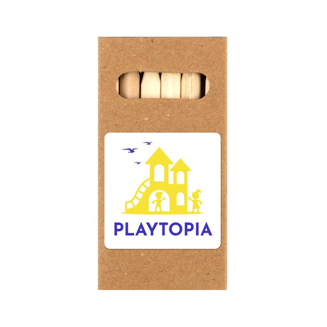 A brown box containing wooden sticks, featuring a logo in yellow and blue.