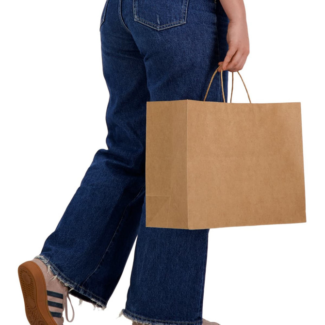 A person walking while carrying a large brown paper bag with handles. The bag is unmarked and plain.