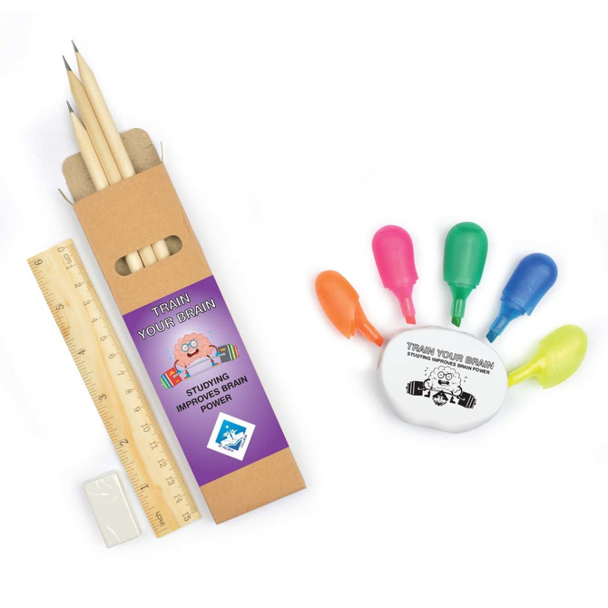 A set of pencils, a ruler, a pencil sharpener, and colorful highlighters on a white background. The items are in a promotional pack.