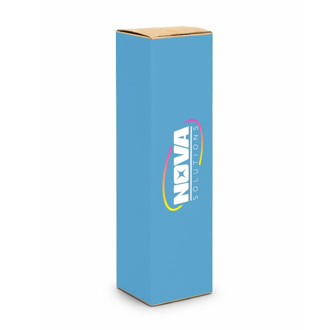 A drink bottle in a blue box with a logo, showcasing a sleek, tall design suitable for beverages.