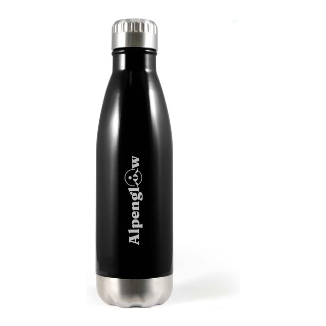 A drink bottle in black with a stainless steel bottom and a logo on the side.