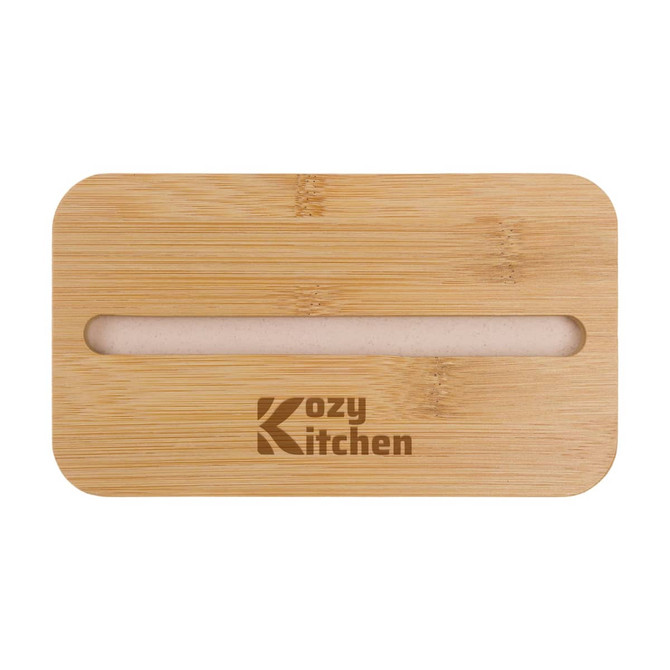 A bamboo lunch box lid featuring a phone holder slot, with a logo present.