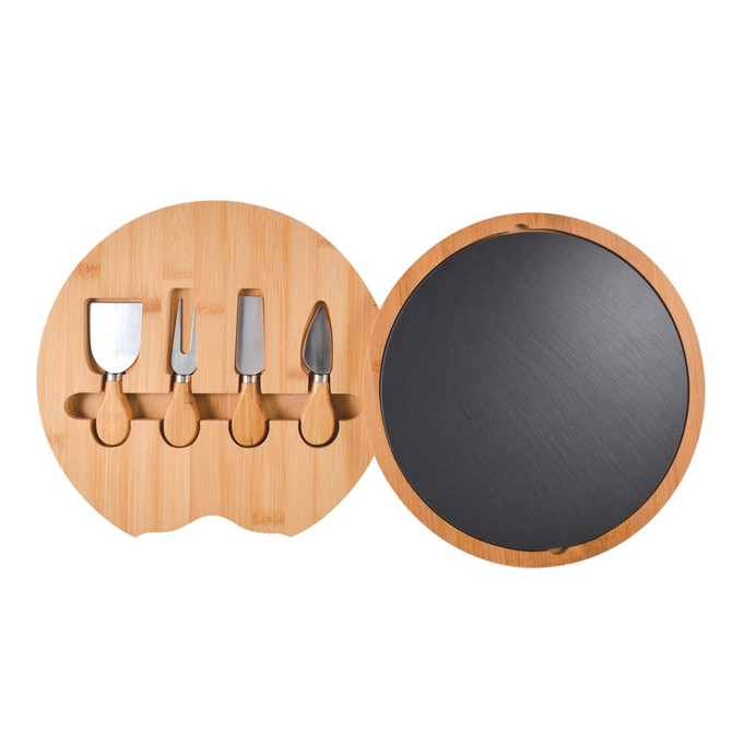 A round bamboo cheese board with a slate surface, featuring four stainless steel cheese utensils.