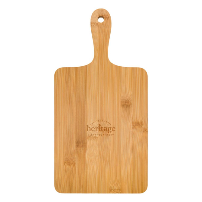 A bamboo serving board with a handle, featuring a natural wood finish and a branding logo.