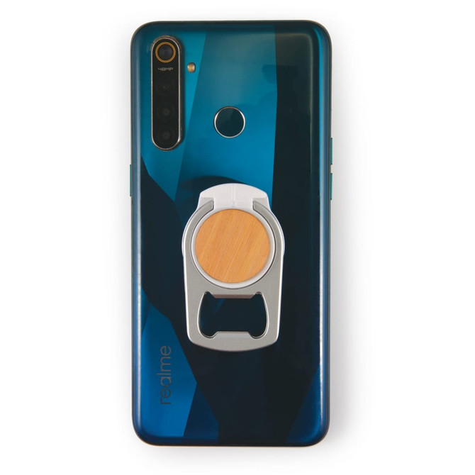 A drink bottle opener designed as a phone stand, featuring a sleek silver and wooden design, attached to a smartphone.