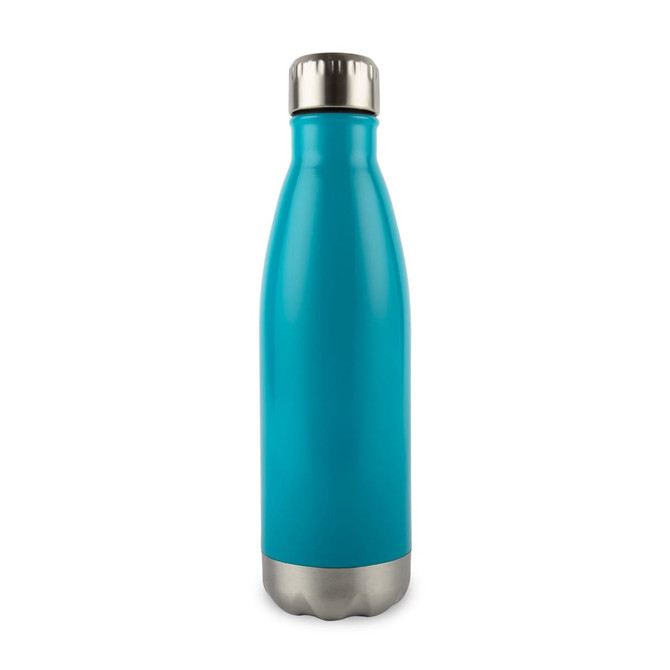 A drink bottle with a sleek turquoise body and a stainless steel base.