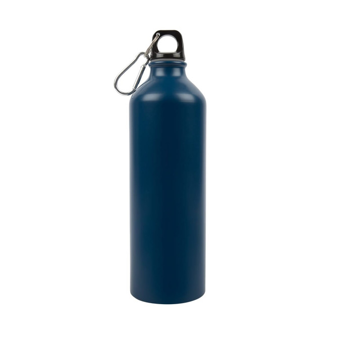 A drink bottle made of aluminium, featuring a dark blue finish and a black cap with a carabiner attachment.