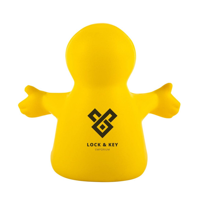 A yellow stress reliever in the shape of a fun character with outstretched arms, featuring a logo.