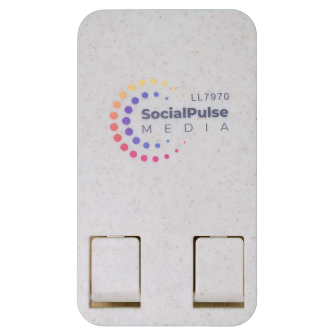 A white phone stand with a speckled texture, featuring a logo on the front and two slots for holding a phone.
